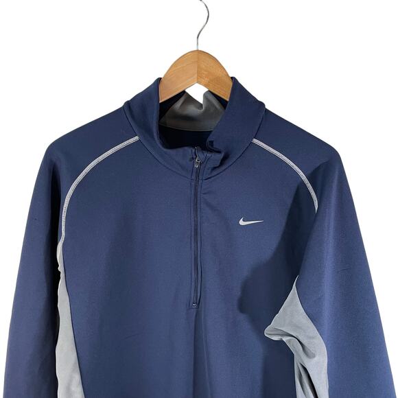 NIKE Fit Men Quarter Zip LOGO Swoosh Pullover Sweatshirt Colorblock Blue Gray XL - Picture 3 of 12